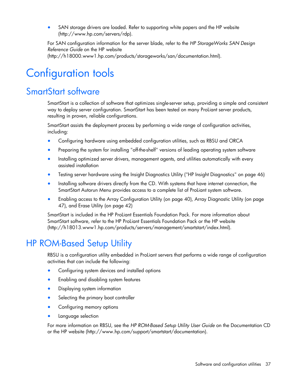 Configuration tools, Smartstart software, Hp rom-based setup utility | Smartstart software hp rom-based setup utility, De in rbsu ("hp rom | HP PROLIANT 580554-001 User Manual | Page 37 / 87