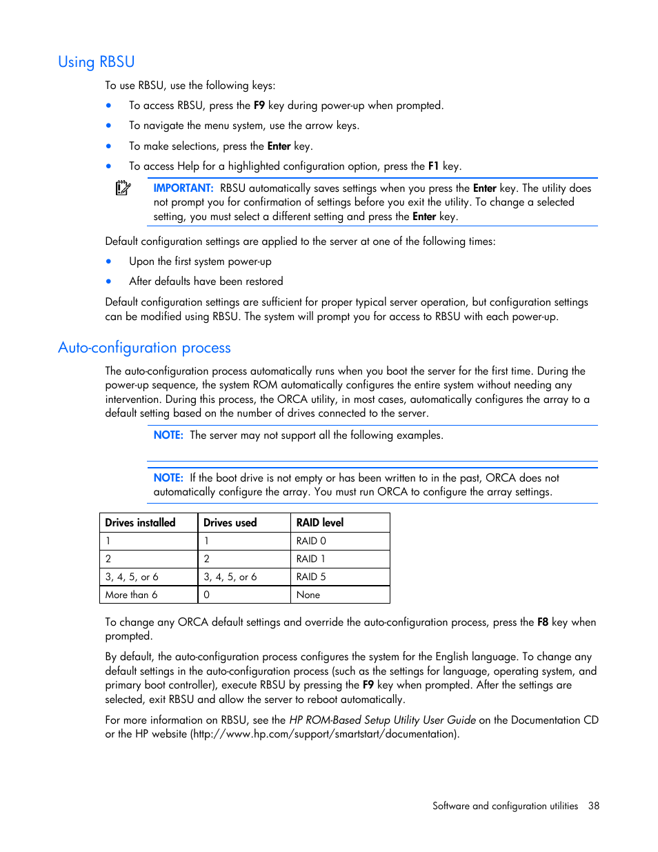 Using rbsu, Auto-configuration process | HP PROLIANT 580554-001 User Manual | Page 38 / 87