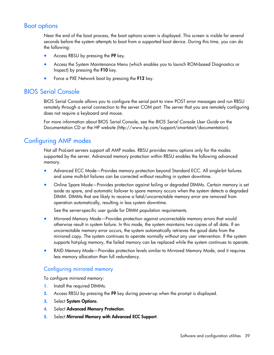Boot options, Bios serial console, Configuring amp modes | Support ("configuring | HP PROLIANT 580554-001 User Manual | Page 39 / 87