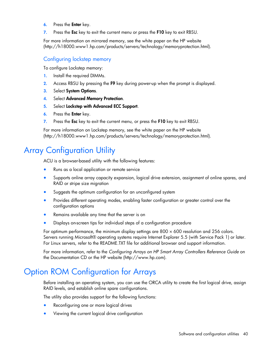 Array configuration utility, Option rom configuration for arrays, Support ("configuring | HP PROLIANT 580554-001 User Manual | Page 40 / 87