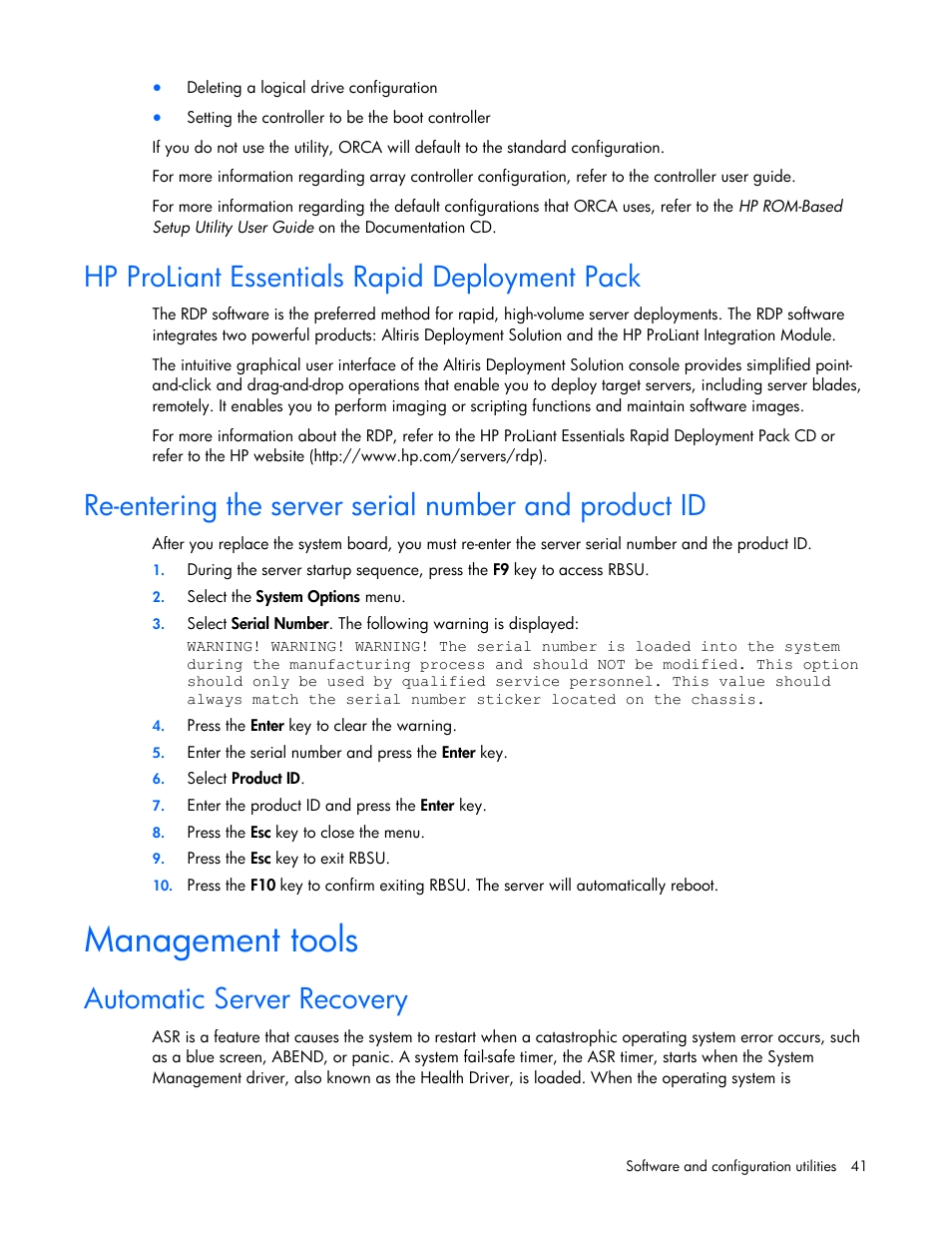 Hp proliant essentials rapid deployment pack, Management tools, Automatic server recovery | HP PROLIANT 580554-001 User Manual | Page 41 / 87