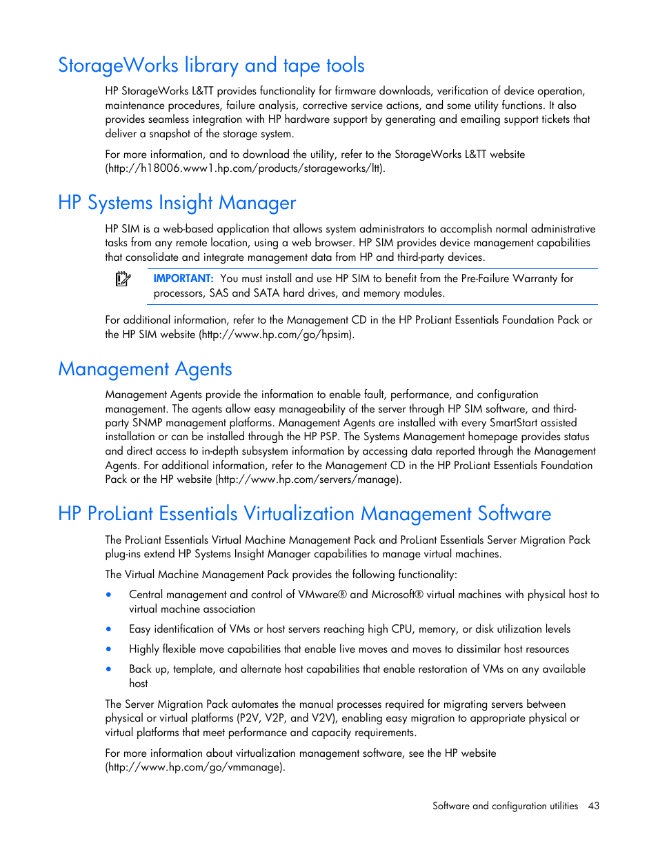 Storageworks library and tape tools, Hp systems insight manager, Management agents | HP PROLIANT 580554-001 User Manual | Page 43 / 87