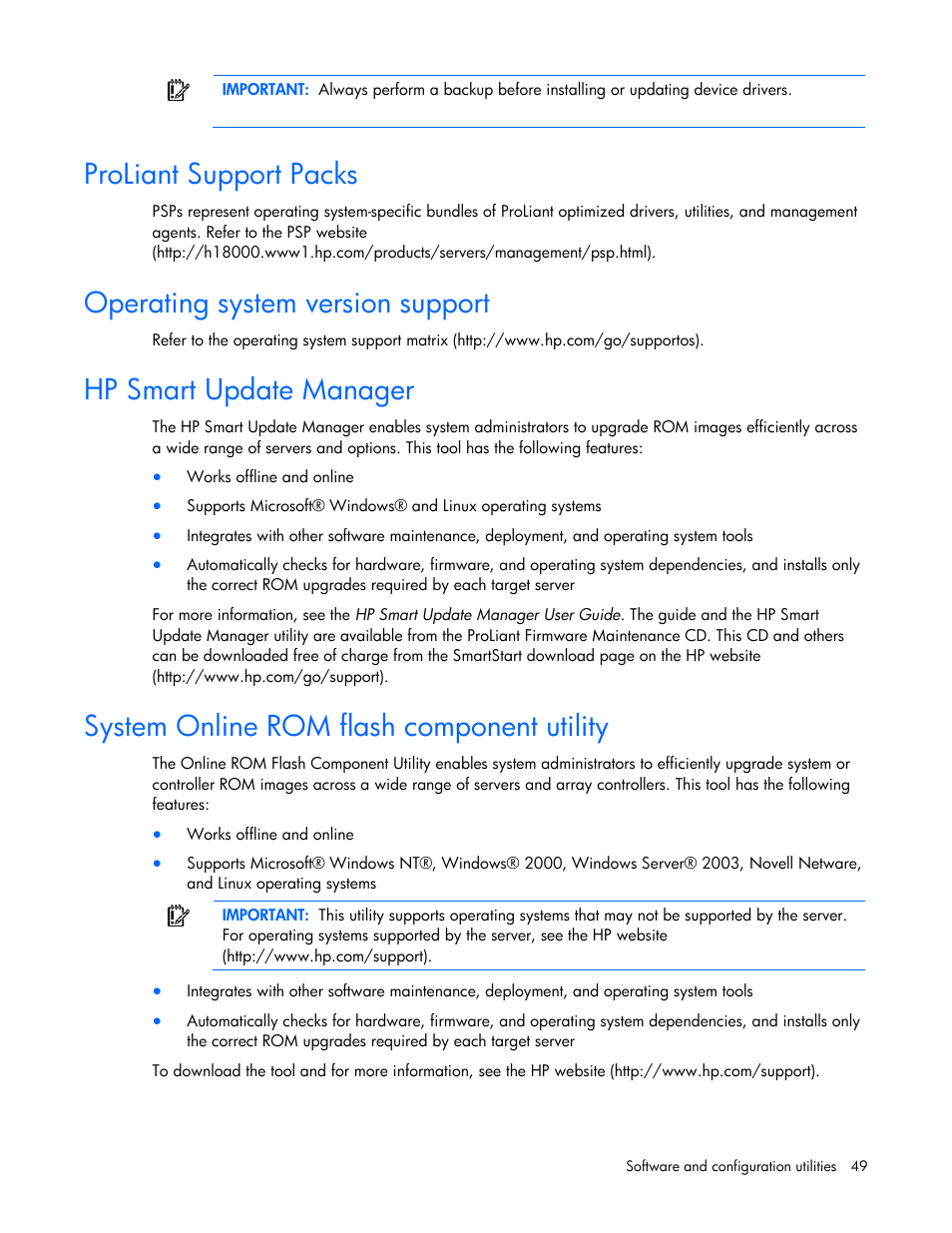 Proliant support packs, Operating system version support, Hp smart update manager | System online rom flash component utility | HP PROLIANT 580554-001 User Manual | Page 49 / 87