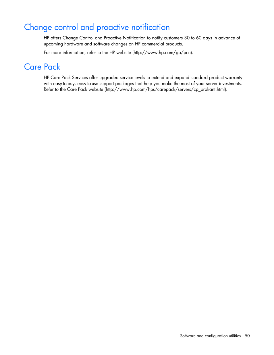 Change control and proactive notification, Care pack | HP PROLIANT 580554-001 User Manual | Page 50 / 87