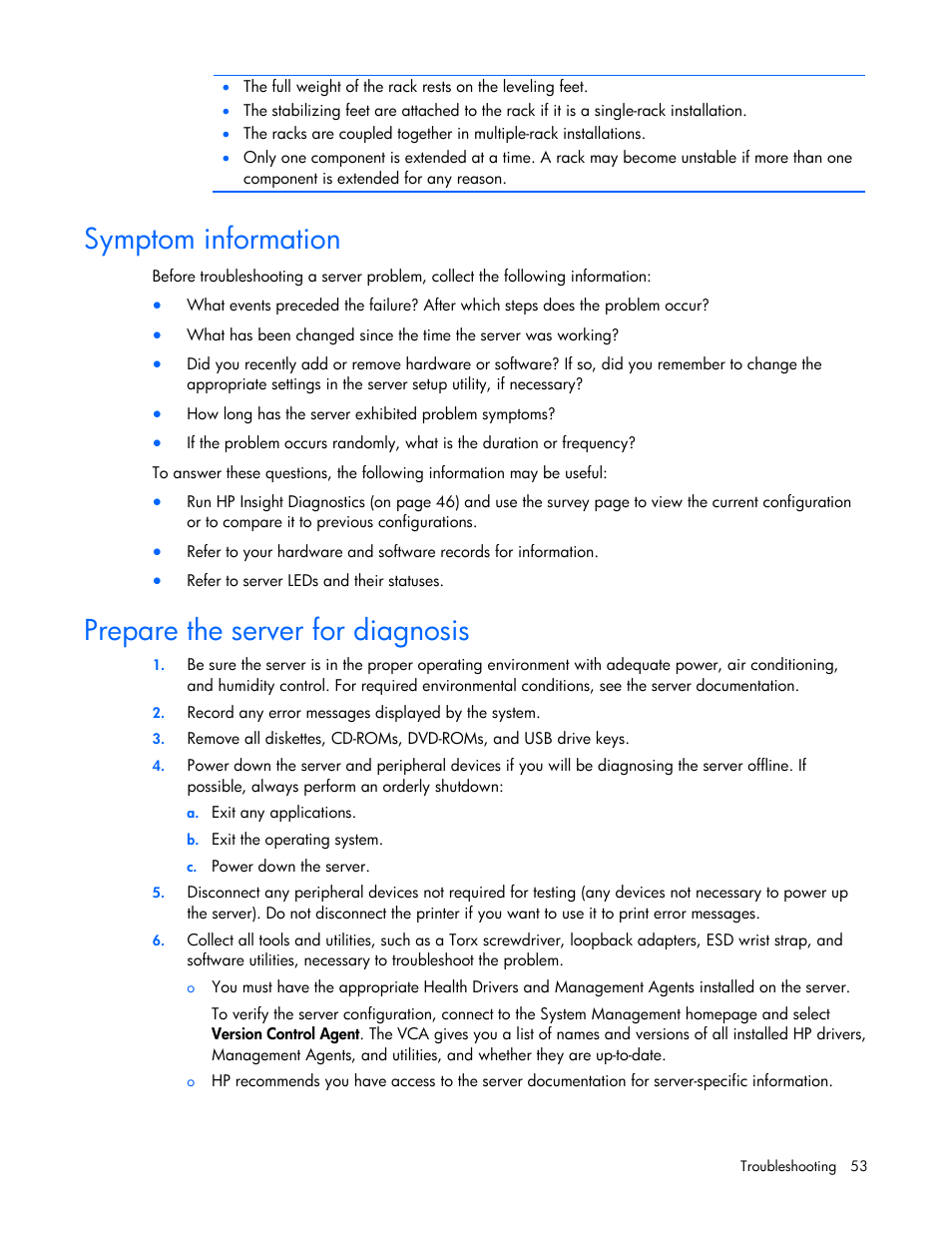 Symptom information, Prepare the server for diagnosis | HP PROLIANT 580554-001 User Manual | Page 53 / 87