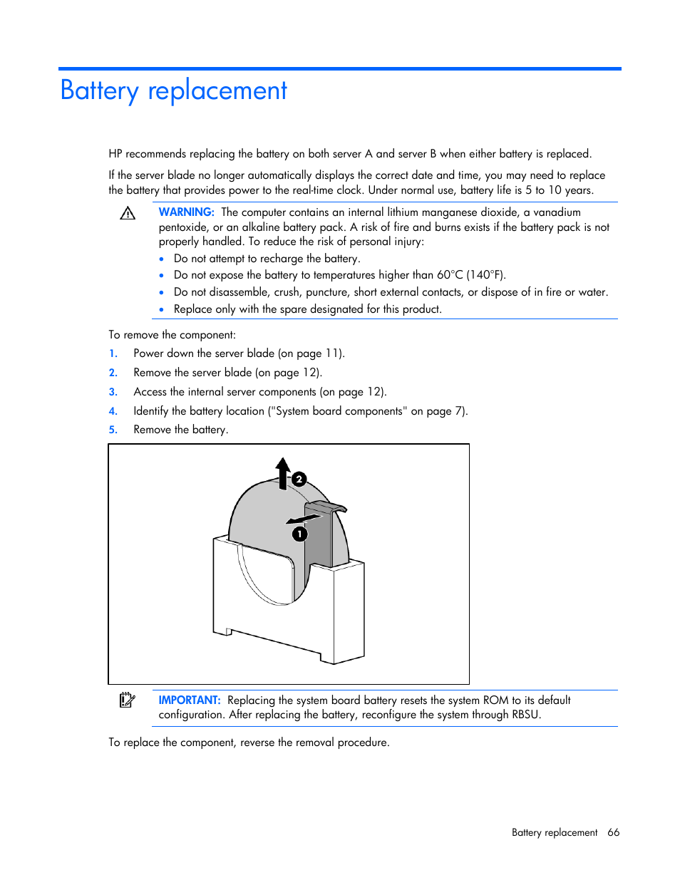 Battery replacement | HP PROLIANT 580554-001 User Manual | Page 66 / 87