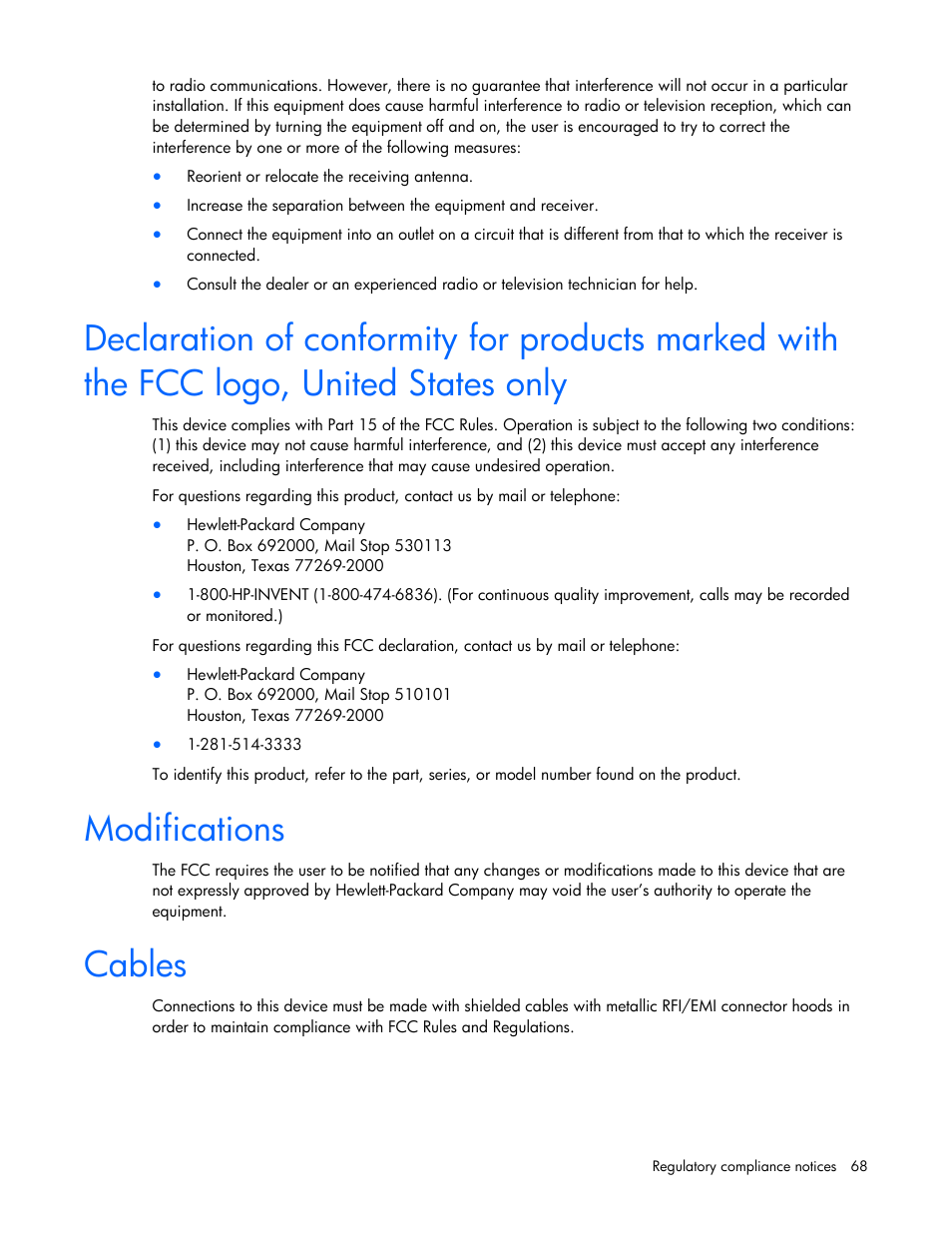 Modifications, Cables | HP PROLIANT 580554-001 User Manual | Page 68 / 87