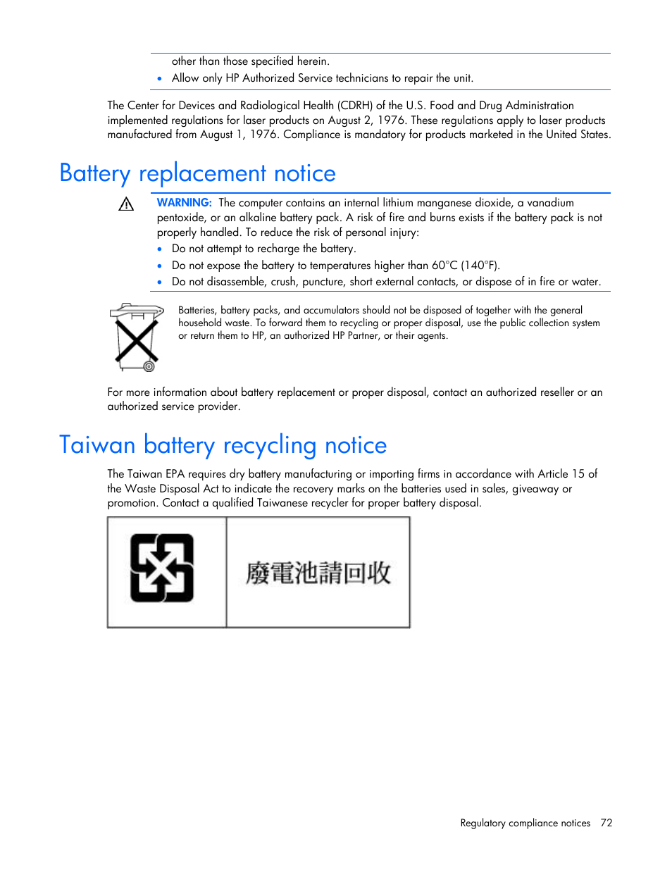 Battery replacement notice, Taiwan battery recycling notice | HP PROLIANT 580554-001 User Manual | Page 72 / 87
