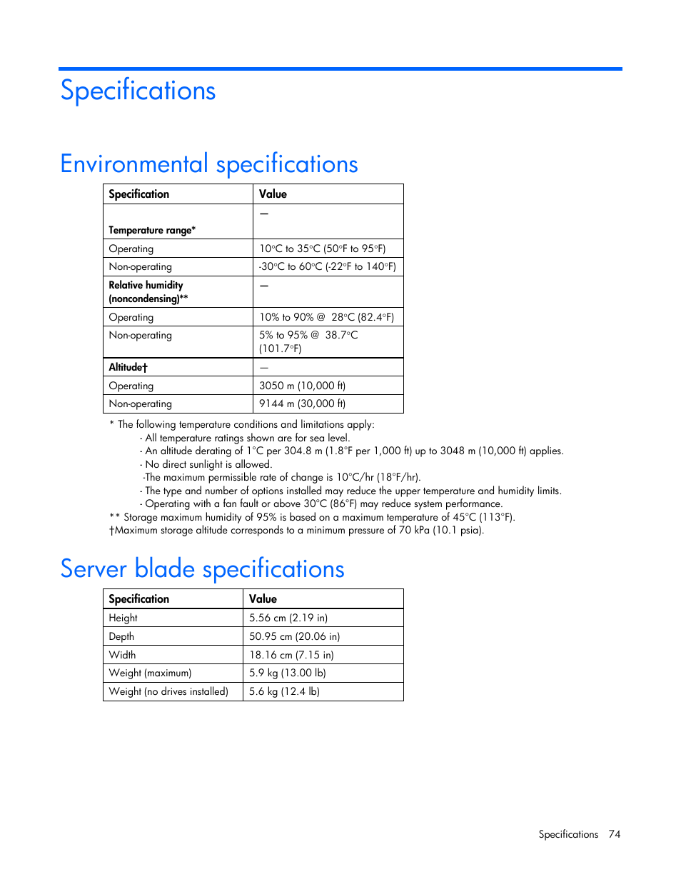 Specifications, Environmental specifications, Server blade specifications | HP PROLIANT 580554-001 User Manual | Page 74 / 87