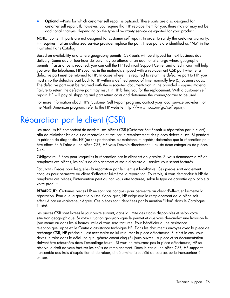 Réparation par le client (csr) | HP PROLIANT 580554-001 User Manual | Page 76 / 87