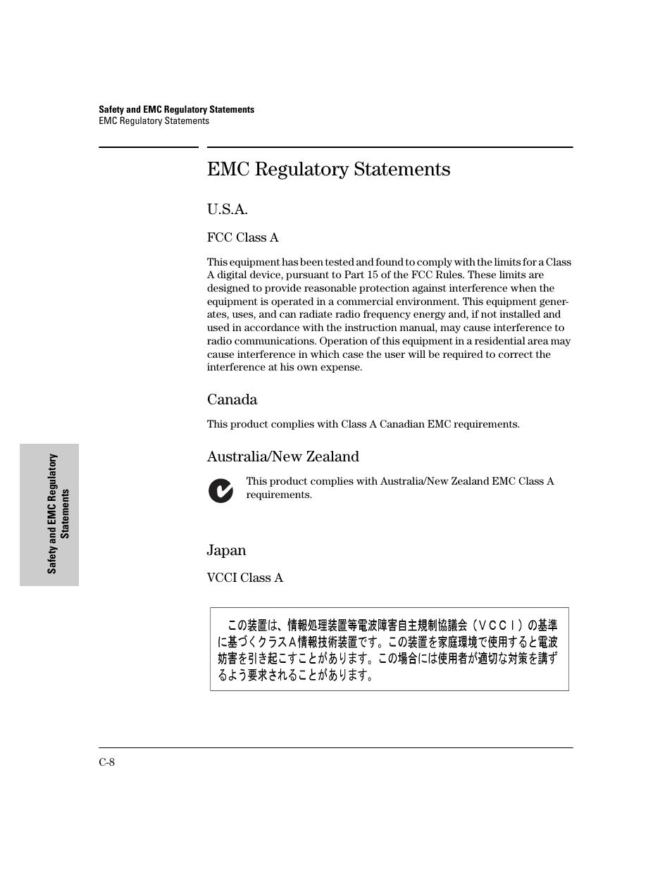 Emc regulatory statements, U.s.a, Canada | Australia/new zealand, Japan | HP PROCURVE 2610 User Manual | Page 100 / 112