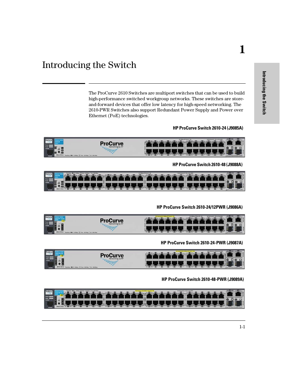 Introducing the switch, 1 introducing the switch | HP PROCURVE 2610 User Manual | Page 11 / 112