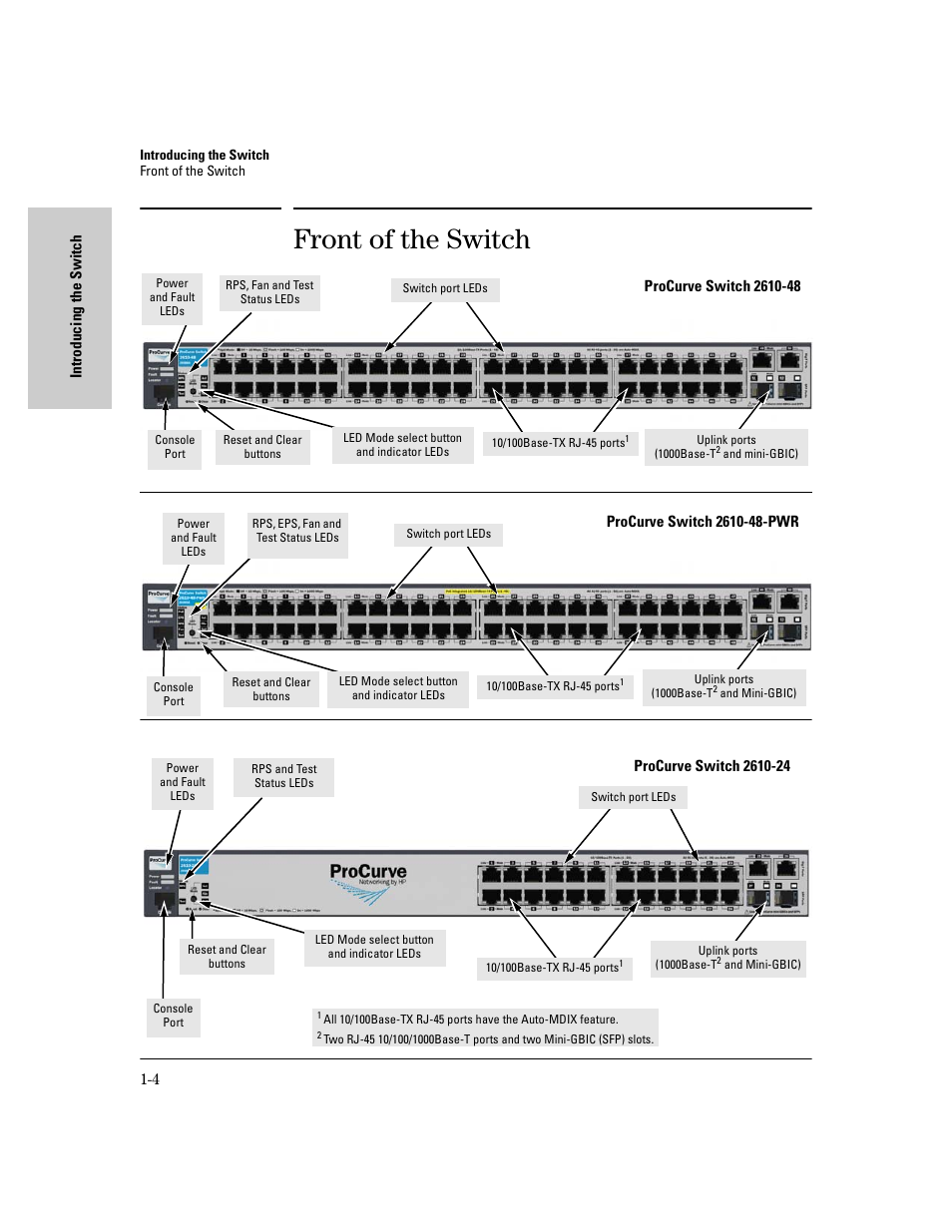 Front of the switch, Front of the switch -4 | HP PROCURVE 2610 User Manual | Page 14 / 112