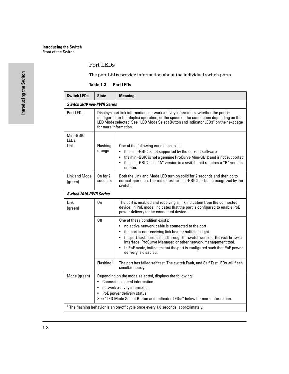 Port leds, Port leds -8, Table 1-3 | HP PROCURVE 2610 User Manual | Page 18 / 112