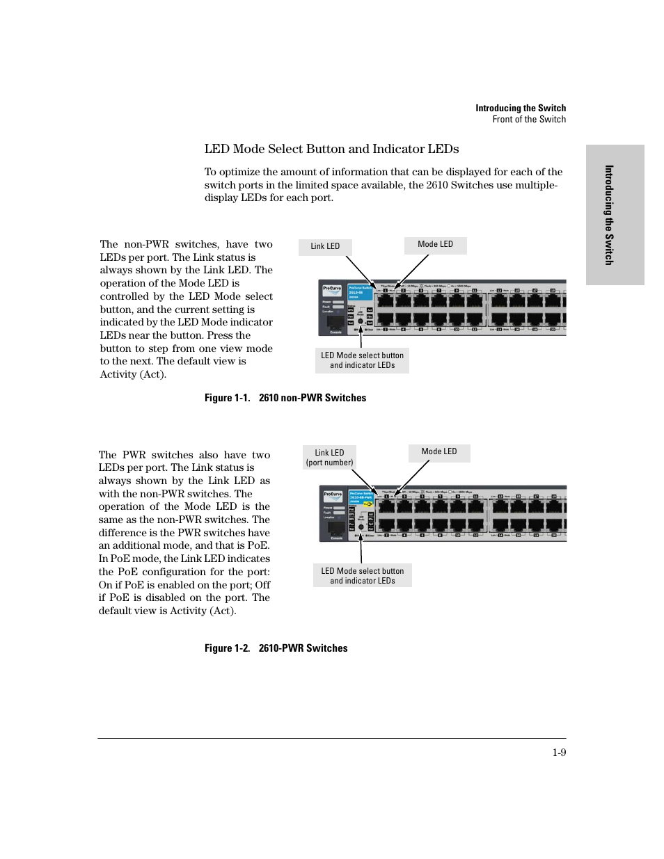 Led mode select button and indicator leds, Led mode select button and indicator leds -9 | HP PROCURVE 2610 User Manual | Page 19 / 112