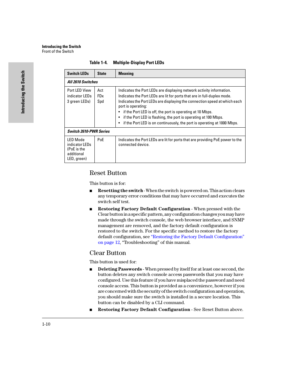 Reset button, Clear button, Reset button -10 | Clear button -10, Table 1-4 | HP PROCURVE 2610 User Manual | Page 20 / 112