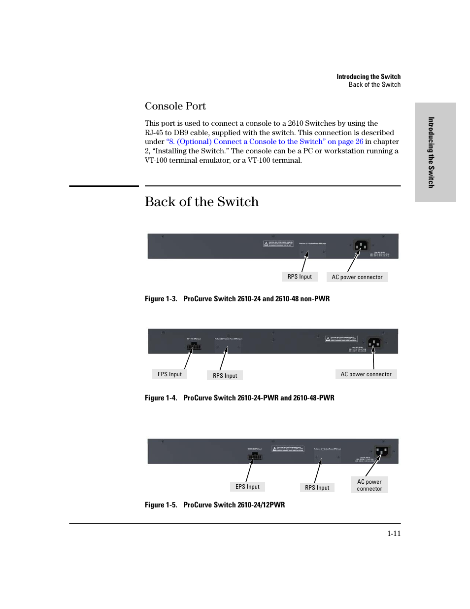 Console port, Back of the switch, Console port -11 | Back of the switch -11 | HP PROCURVE 2610 User Manual | Page 21 / 112