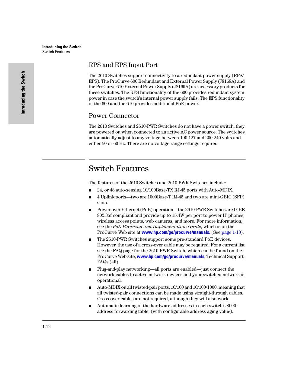 Rps and eps input port, Power connector, Switch features | Rps and eps input port -12, Power connector -12, Switch features -12 | HP PROCURVE 2610 User Manual | Page 22 / 112
