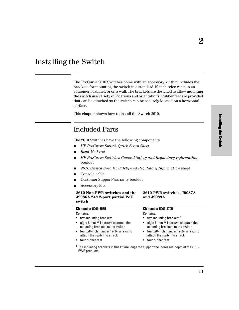 Installing the switch, Included parts, 2 installing the switch | Included parts -1 | HP PROCURVE 2610 User Manual | Page 25 / 112