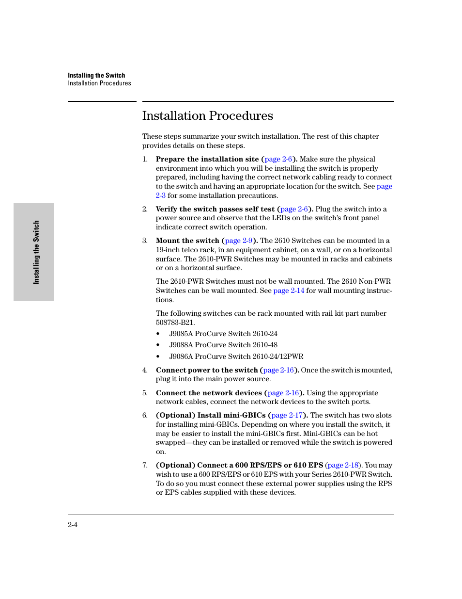 Installation procedures, Installation procedures -4 | HP PROCURVE 2610 User Manual | Page 28 / 112