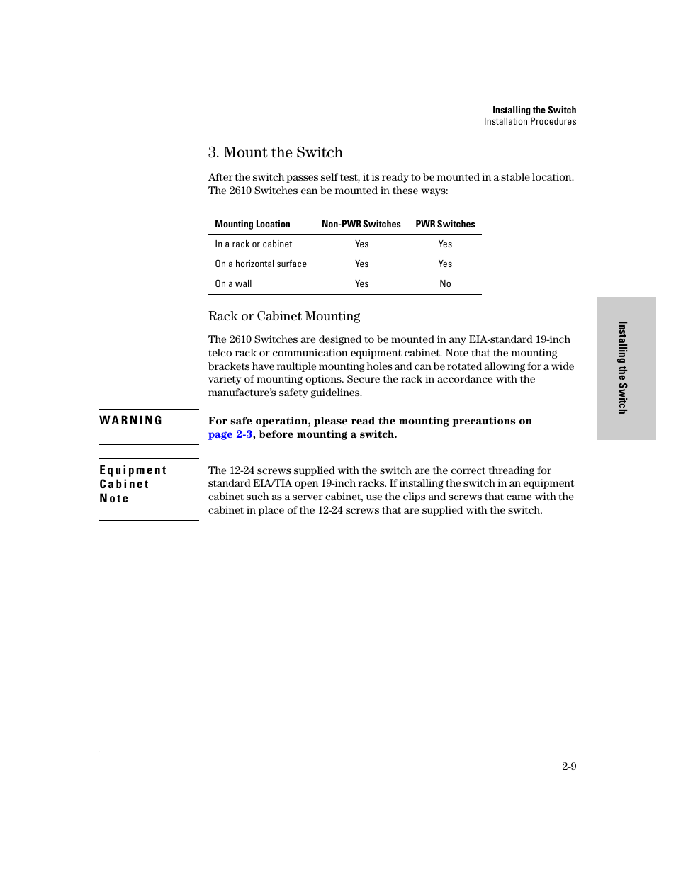 Mount the switch, Rack or cabinet mounting, Mount the switch -9 | Rack or cabinet mounting -9 | HP PROCURVE 2610 User Manual | Page 33 / 112