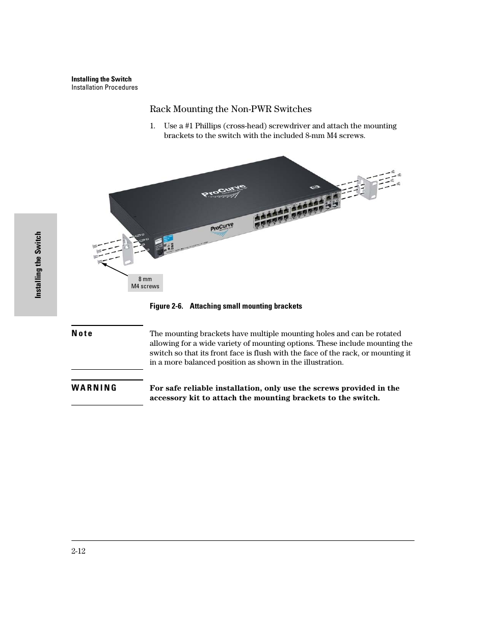 Rack mounting the non-pwr switches, Rack mounting the non-pwr switches -12 | HP PROCURVE 2610 User Manual | Page 36 / 112