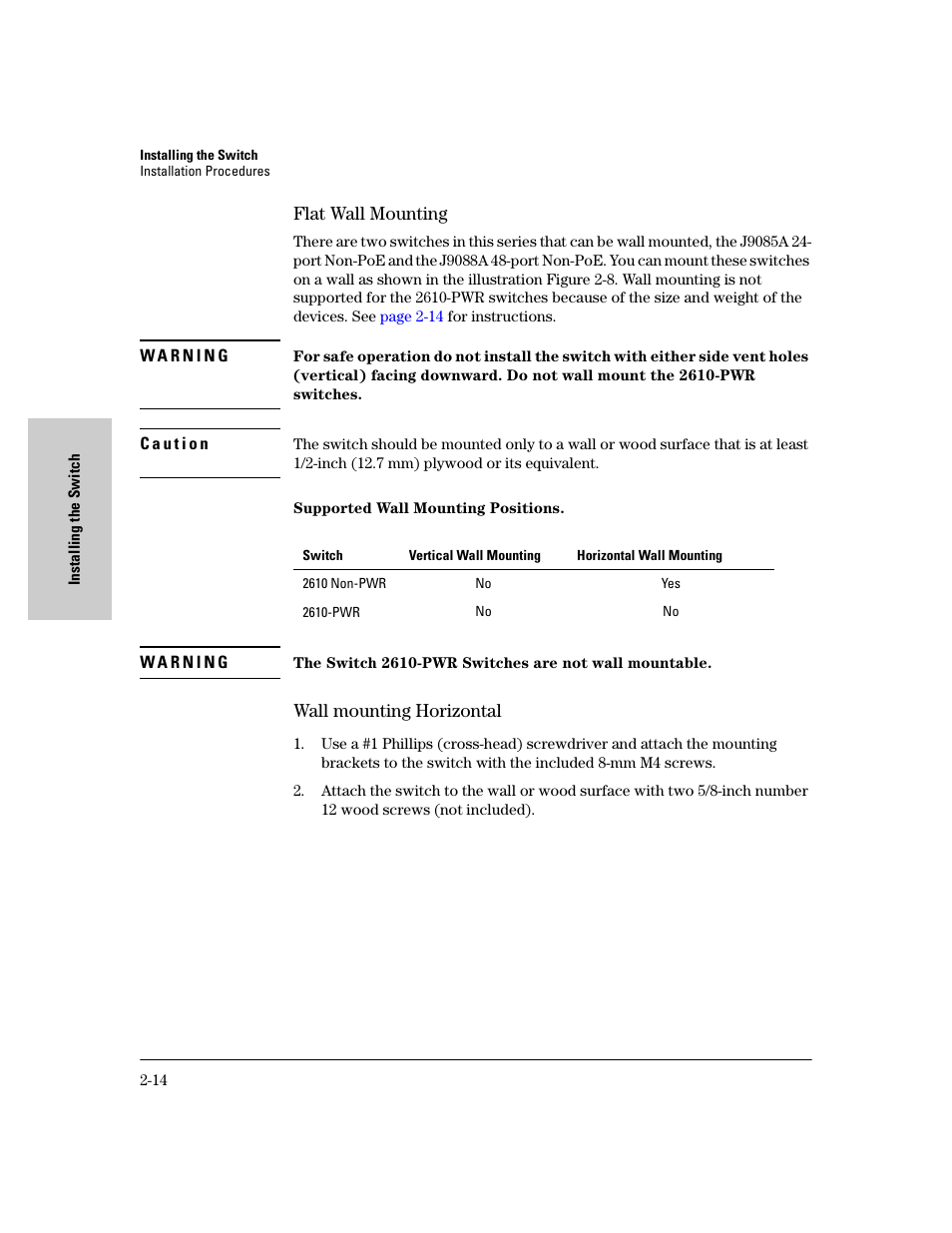 Flat wall mounting, Wall mounting horizontal | HP PROCURVE 2610 User Manual | Page 38 / 112