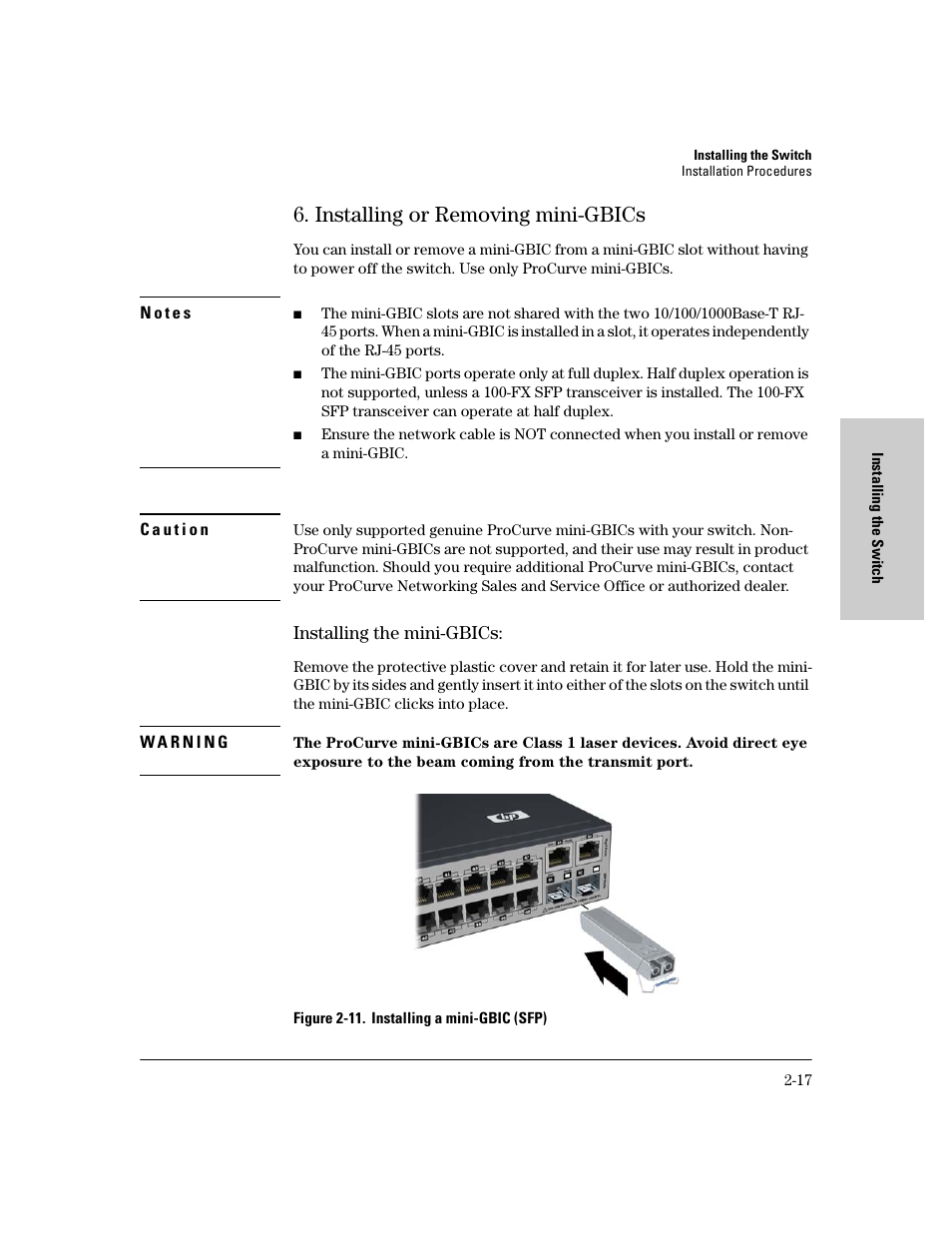 Installing or removing mini-gbics, Installing the mini-gbics, Installing or removing mini-gbics -17 | Installing the mini-gbics: -17 | HP PROCURVE 2610 User Manual | Page 41 / 112