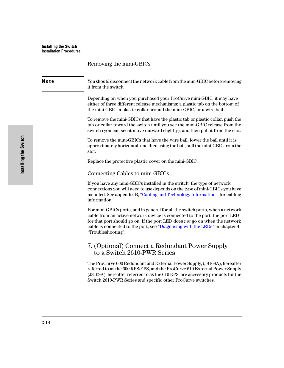 Removing the mini-gbics, Connecting cables to mini-gbics | HP PROCURVE 2610 User Manual | Page 42 / 112