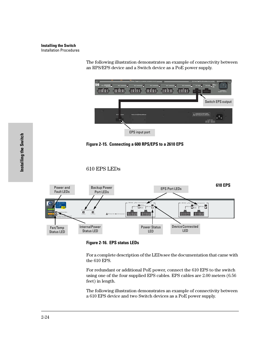 610 eps leds, 610 eps leds -24, 610 eps | Installing the switch installation procedures, Switch eps output eps input port, Power and fault leds | HP PROCURVE 2610 User Manual | Page 48 / 112