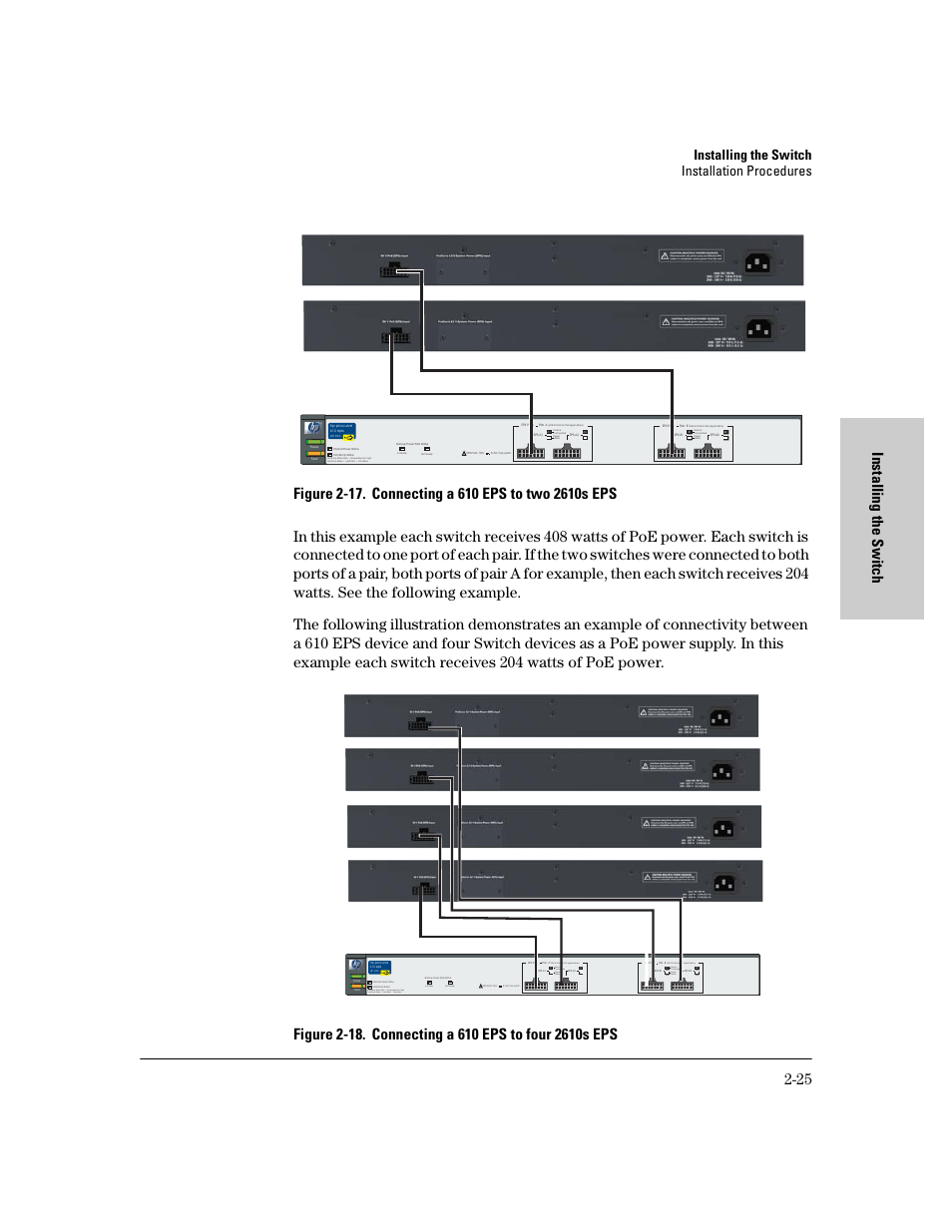 Installing the switch installation procedures, 408 w total for poe applications), Power status | Device connected, Power status device connected | HP PROCURVE 2610 User Manual | Page 49 / 112