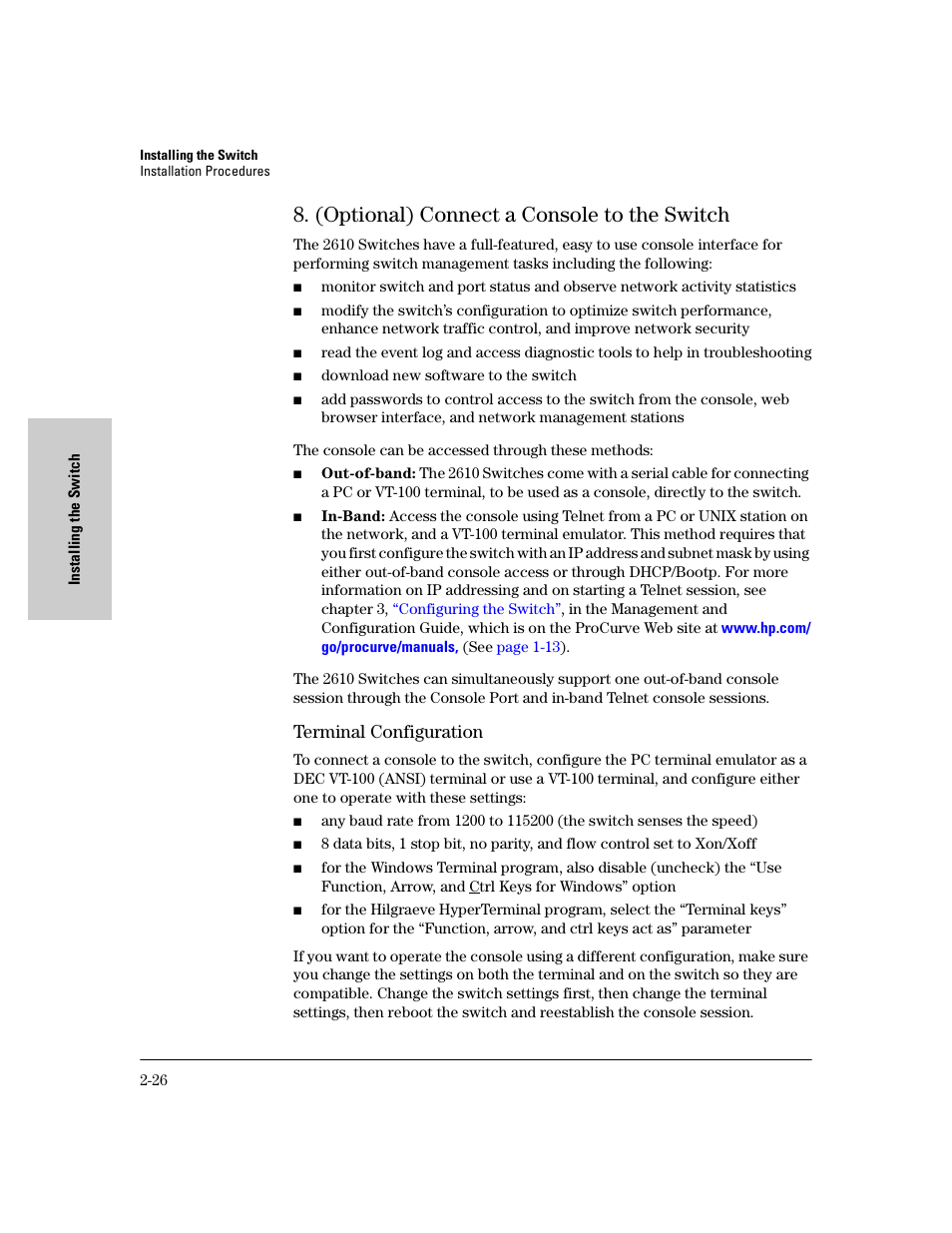 (optional) connect a console to the switch, Terminal configuration, (optional) connect a console to the switch -26 | Terminal configuration -26 | HP PROCURVE 2610 User Manual | Page 50 / 112