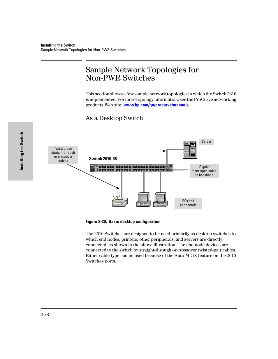 Sample network topologies for non-pwr switches, As a desktop switch, Sample network topologies for non-pwr switches -28 | As a desktop switch -28 | HP PROCURVE 2610 User Manual | Page 52 / 112