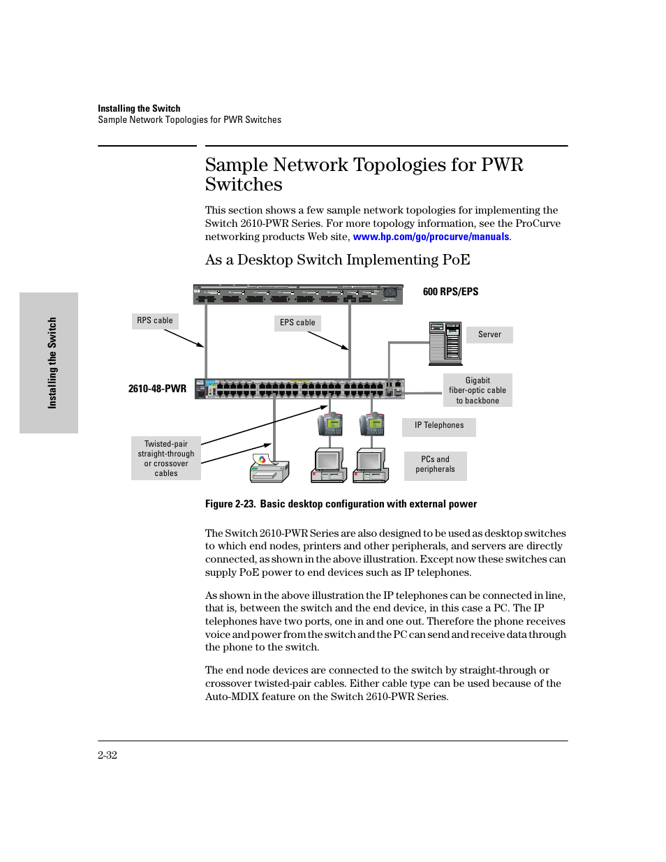 Sample network topologies for pwr switches, As a desktop switch implementing poe, Sample network topologies for pwr switches -32 | As a desktop switch implementing poe -32 | HP PROCURVE 2610 User Manual | Page 56 / 112