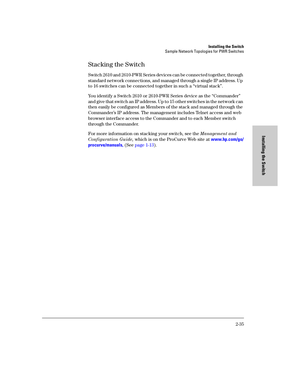 Stacking the switch, Stacking the switch -35 | HP PROCURVE 2610 User Manual | Page 59 / 112