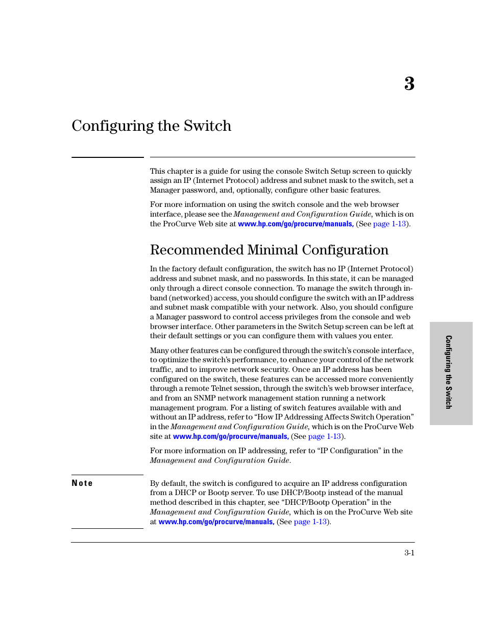 Configuring the switch, Recommended minimal configuration, 3 configuring the switch | Recommended minimal configuration -1 | HP PROCURVE 2610 User Manual | Page 61 / 112
