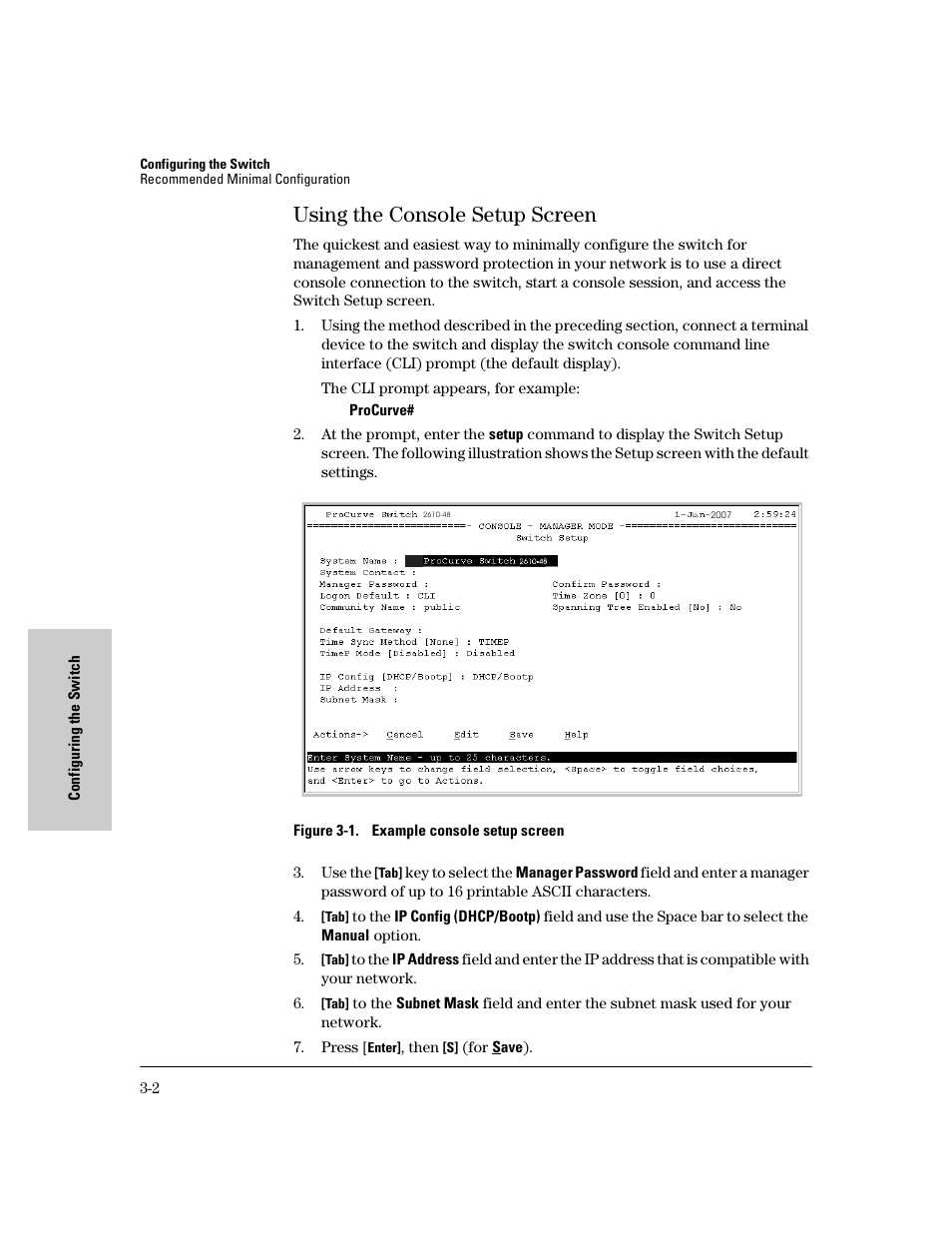 Using the console setup screen, Using the console setup screen -2 | HP PROCURVE 2610 User Manual | Page 62 / 112