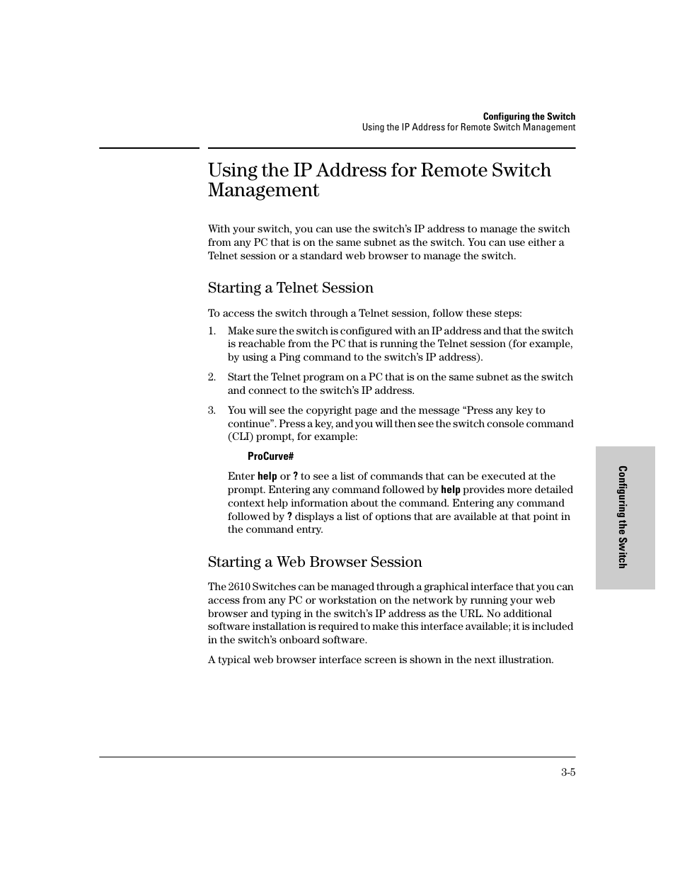 Using the ip address for remote switch management, Starting a telnet session, Starting a web browser session | Starting a telnet session -5, Starting a web browser session -5 | HP PROCURVE 2610 User Manual | Page 65 / 112