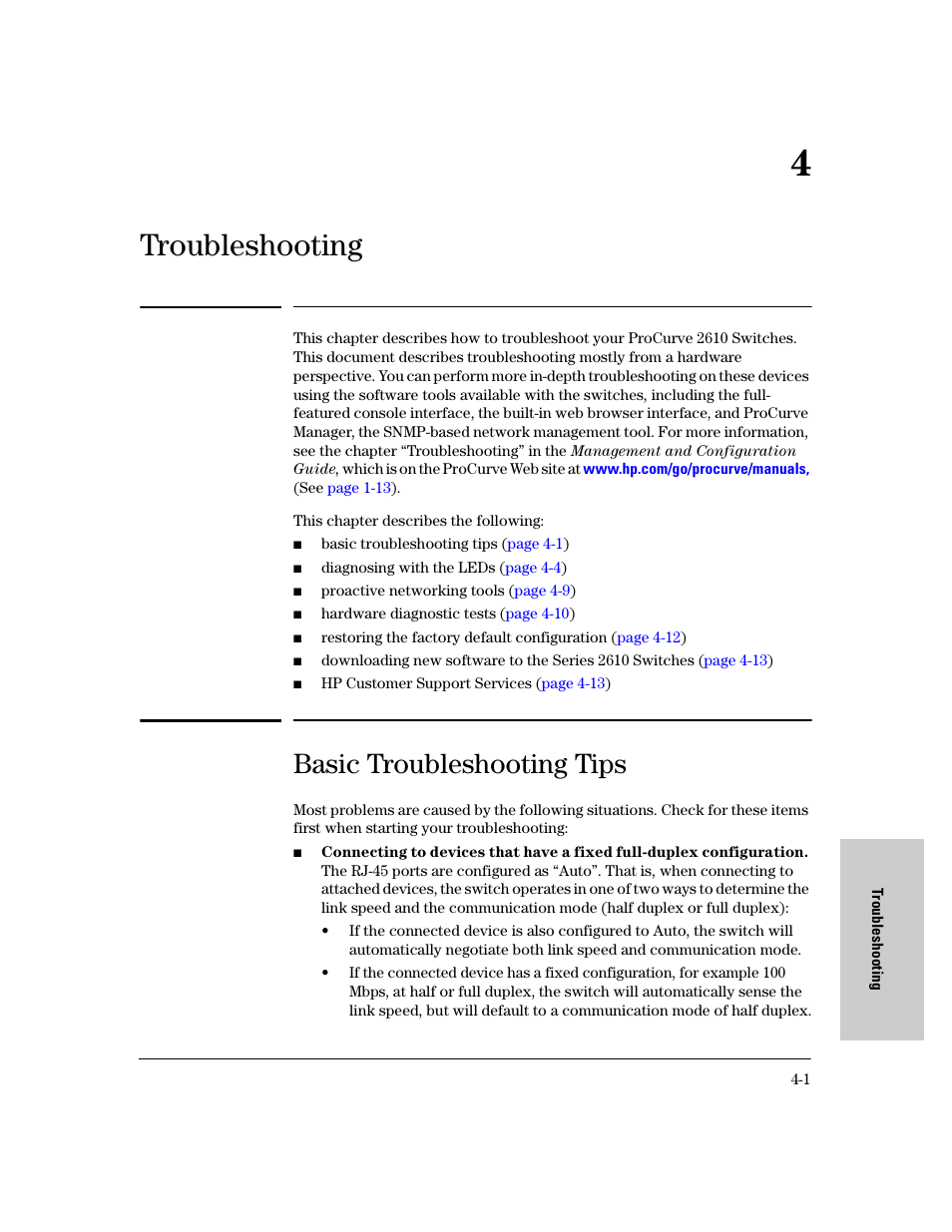 Troubleshooting, Basic troubleshooting tips, 4 troubleshooting | Basic troubleshooting tips -1 | HP PROCURVE 2610 User Manual | Page 67 / 112