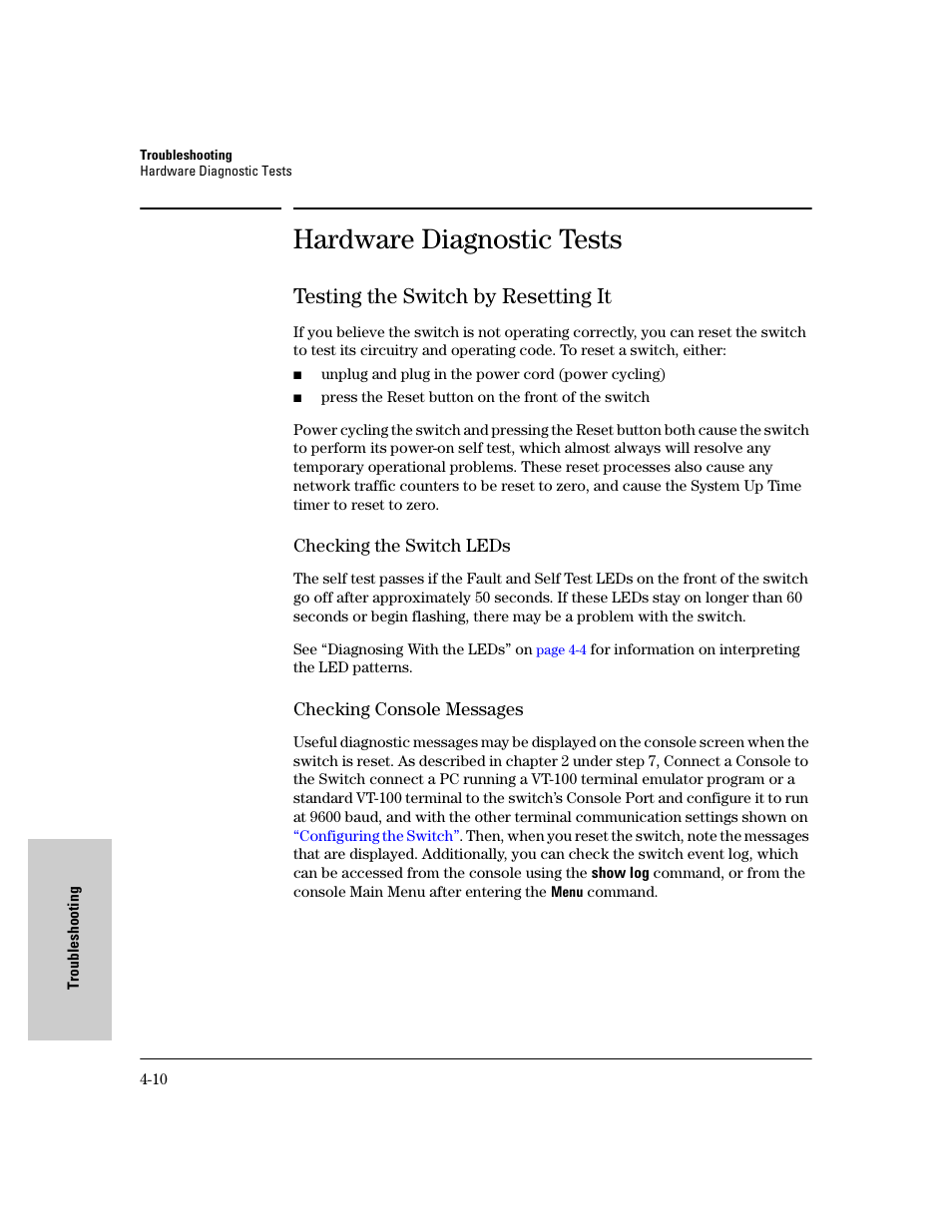 Hardware diagnostic tests, Testing the switch by resetting it, Checking the switch leds | Checking console messages, Hardware diagnostic tests -10, Testing the switch by resetting it -10 | HP PROCURVE 2610 User Manual | Page 76 / 112