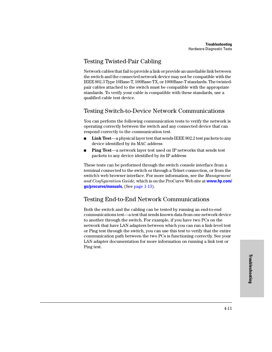Testing twisted-pair cabling, Testing switch-to-device network communications, Testing end-to-end network communications | Testing twisted-pair cabling -11, Testing end-to-end network communications -11 | HP PROCURVE 2610 User Manual | Page 77 / 112