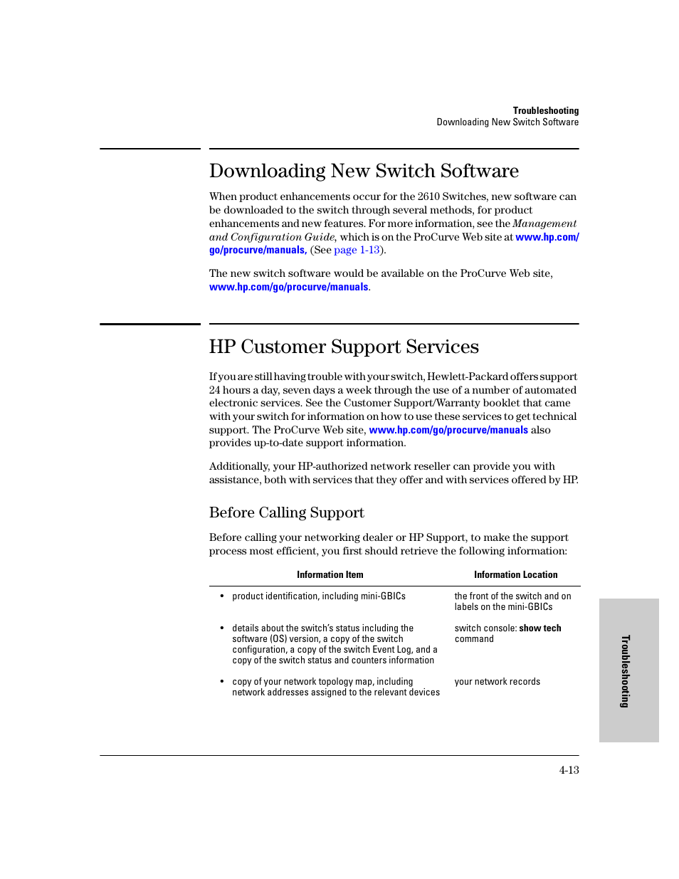 Downloading new switch software, Hp customer support services, Before calling support | Downloading new switch software -13, Hp customer support services -13, Before calling support -13 | HP PROCURVE 2610 User Manual | Page 79 / 112