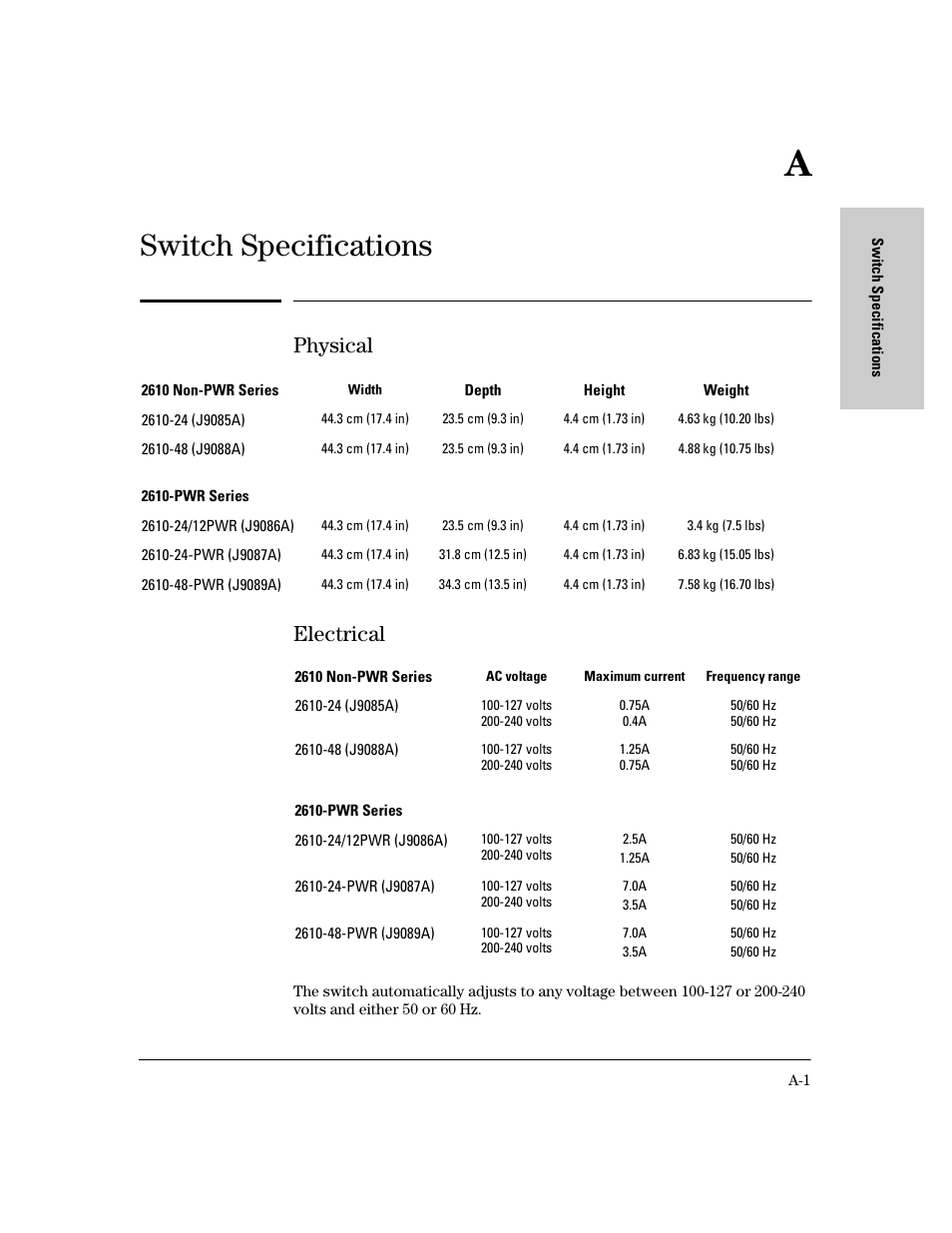 Switch specifications, Physical, Electrical | A switch specifications, Physical electrical | HP PROCURVE 2610 User Manual | Page 81 / 112