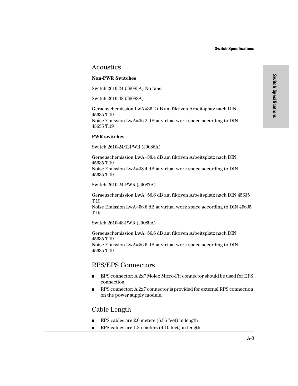 Acoustics, Rps/eps connectors, Cable length | HP PROCURVE 2610 User Manual | Page 83 / 112