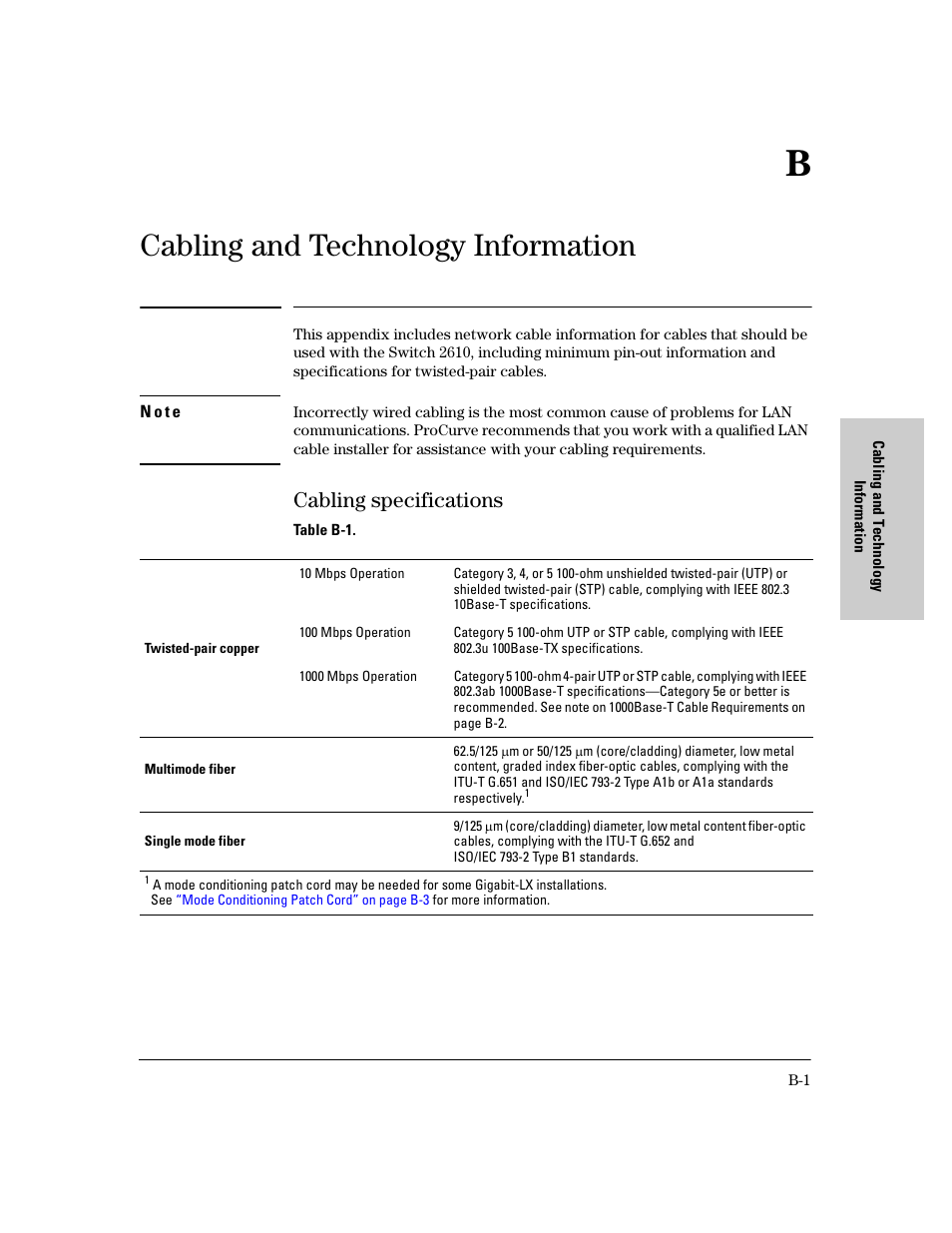 Cabling and technology information, Cabling specifications, B cabling and technology information | HP PROCURVE 2610 User Manual | Page 85 / 112