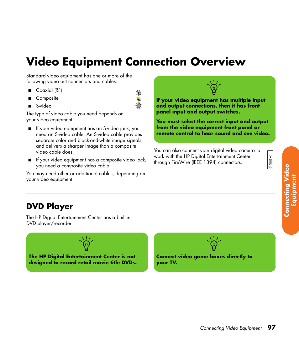 Video equipment connection overview, Dvd player | HP Digital Entertainment Center User Manual | Page 103 / 170