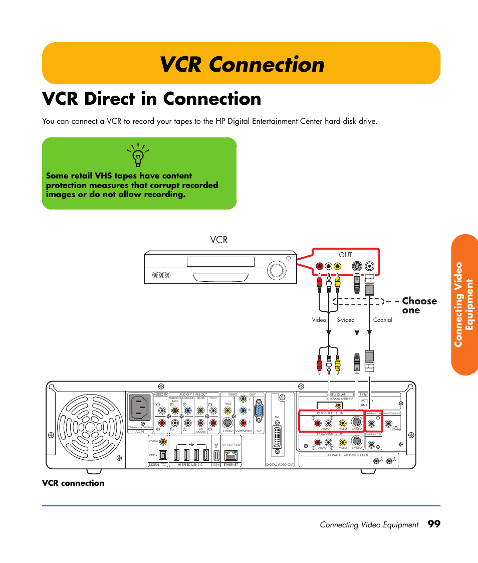 Vcr connection, Vcr direct in connection, 99 connecting v ideo equipment | Choose one, Connecting video equipment | HP Digital Entertainment Center User Manual | Page 105 / 170