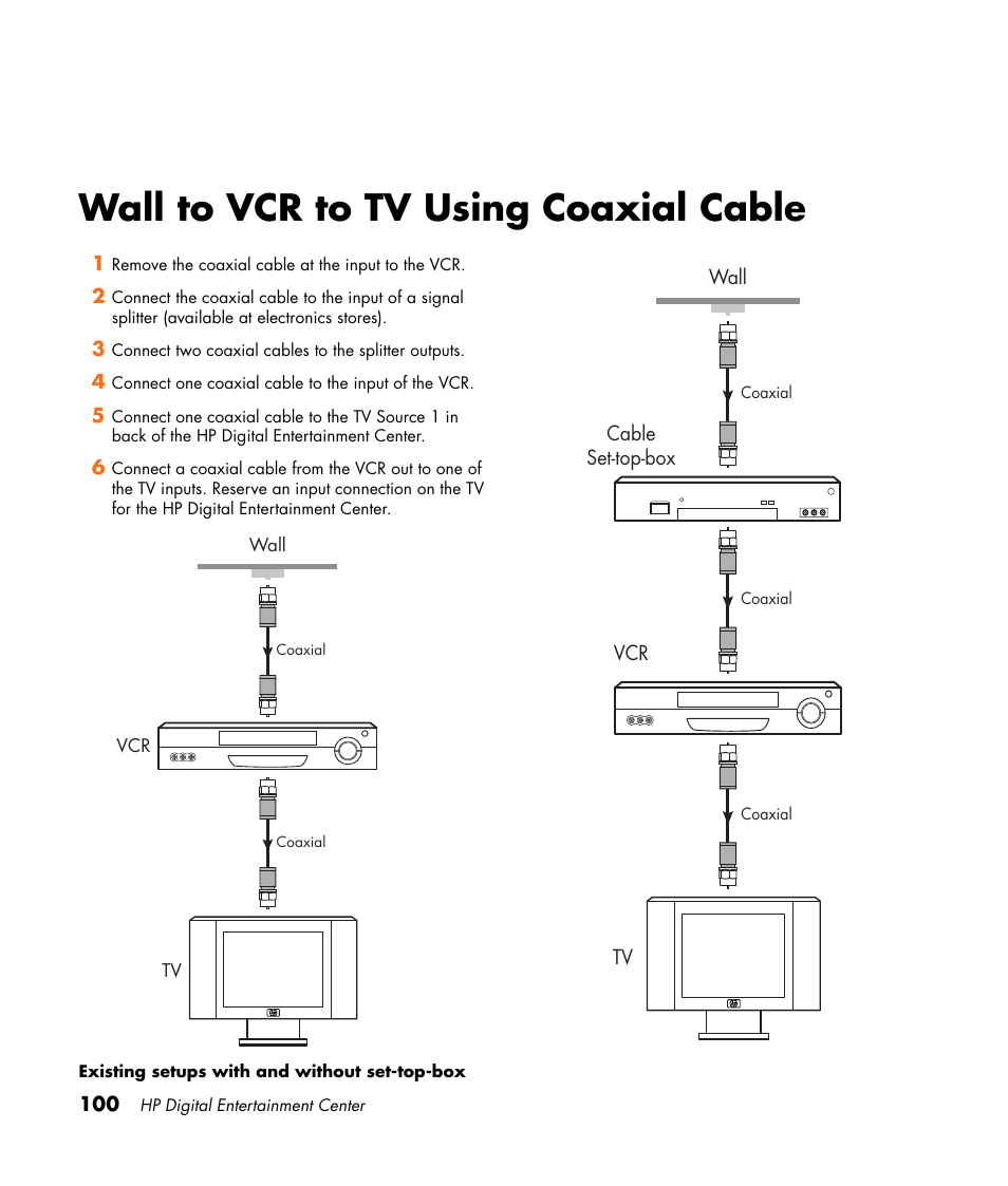 Wall to vcr to tv using coaxial cable | HP Digital Entertainment Center User Manual | Page 106 / 170