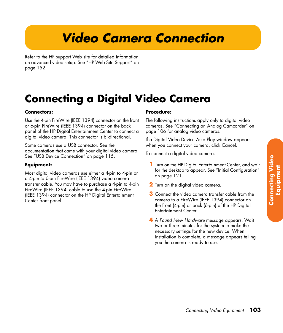 Video camera connection, Connecting a digital video camera | HP Digital Entertainment Center User Manual | Page 109 / 170