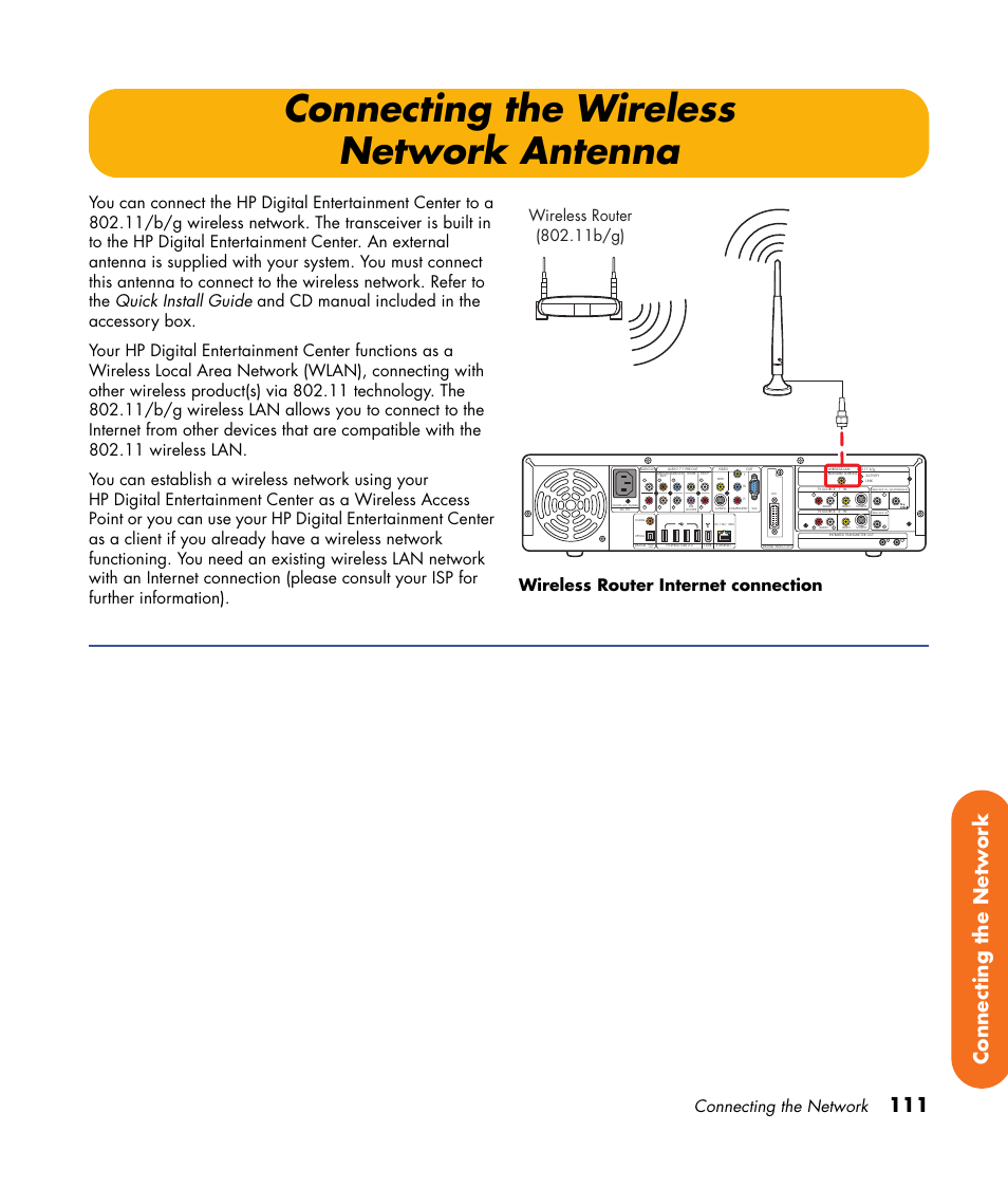 Connecting the wireless network antenna, 111 connecting the network, Connecting the network | HP Digital Entertainment Center User Manual | Page 117 / 170